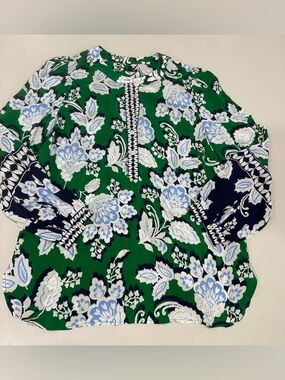 Talbots Green Navy White Floral Print Blouse
